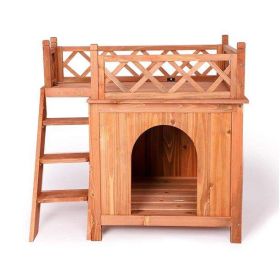 Pet Dog House;  2-Story Weather Resistant Wooden Kennel with Roof Balcony and Stairs